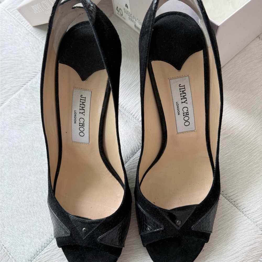 Jimmy Choo Black Patent/  Suede Slingback Peep Toe Pumps